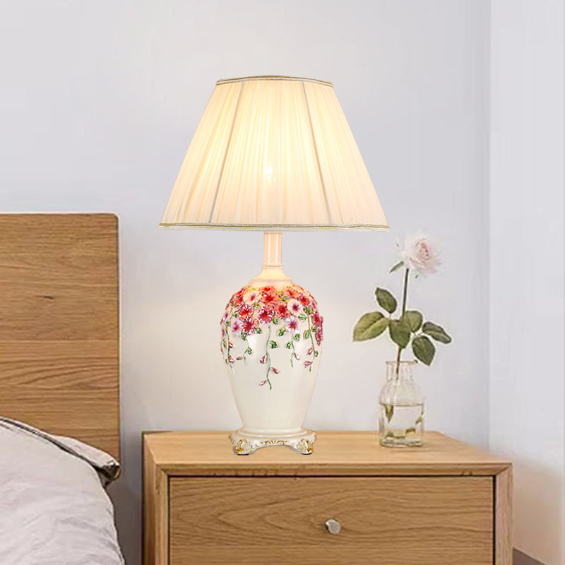 Gathered Fabric Beige/Pink Nightstand Light Conical 1 Light Pastoral Style Table Lamp with Painted Pottery Base