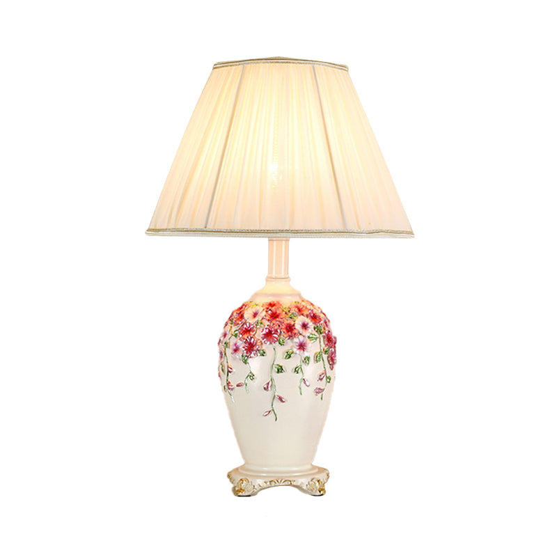 Gathered Fabric Beige/Pink Nightstand Light Conical 1 Light Pastoral Style Table Lamp with Painted Pottery Base