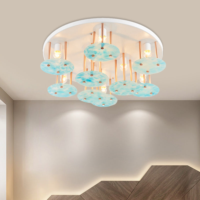 Flake Gradient Blue Glass Semi Flush Kids 9-Head White and Gold Ceiling Mount Light Fixture