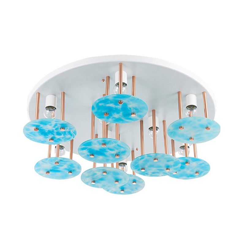 Flake Gradient Blue Glass Semi Flush Kids 9-Head White and Gold Ceiling Mount Light Fixture