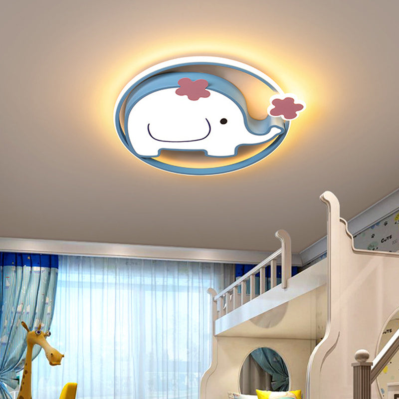 Elephant Flush Light Fixture Kids Iron Blue LED Flush Mount Recessed Lighting in Warm/White Light