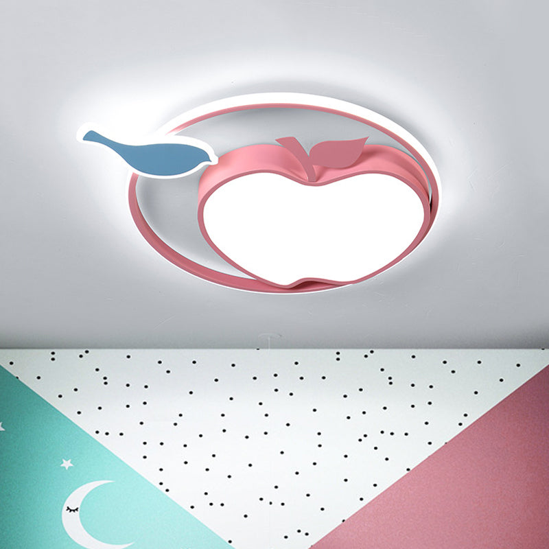 Pink Apple Ceiling Lamp Cartoon Acrylic Integrated LED Flush Mount Fixture in Warm/White Light for Kids Bedroom