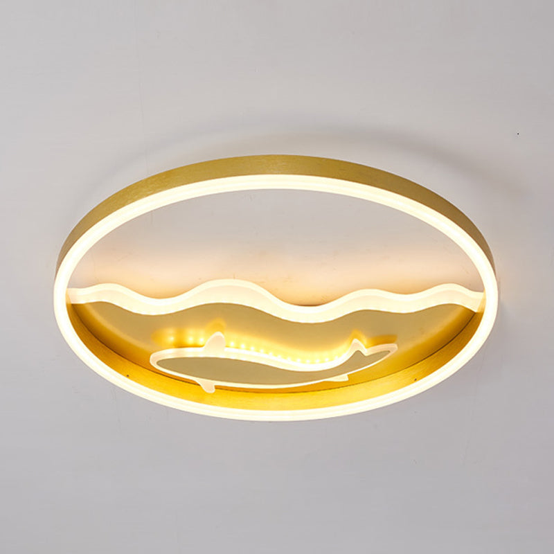 Kids Style Super Thin Flush Ceiling Light Acrylic Bedroom LED Flush-Mount Light Fixture with Fish/Apple Pattern in Gold