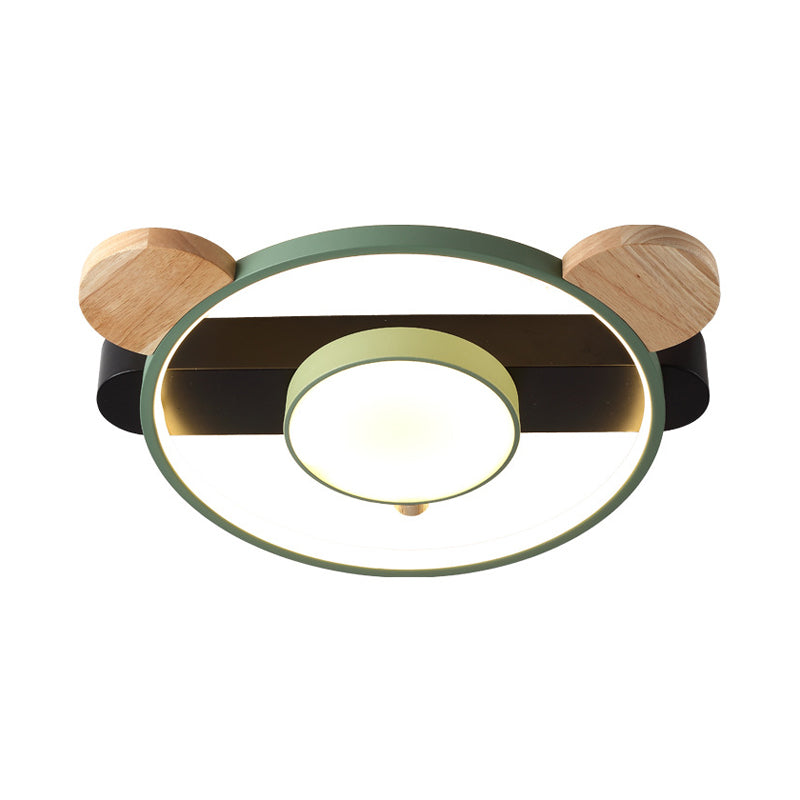 Acrylic Bear Design Ceiling Flush Light Cartoon White/Green-Wood LED Flush Mount Lighting Fixture