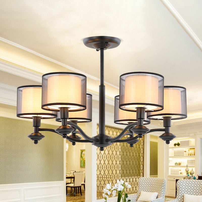 5/6 Bulbs Pendant Chandelier Traditional Double Drum Fabric Hanging Ceiling Light in Black for Bedroom
