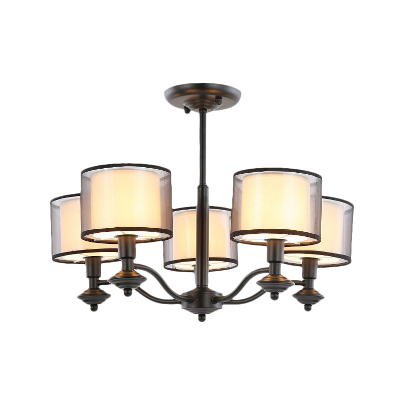 5/6 Bulbs Pendant Chandelier Traditional Double Drum Fabric Hanging Ceiling Light in Black for Bedroom