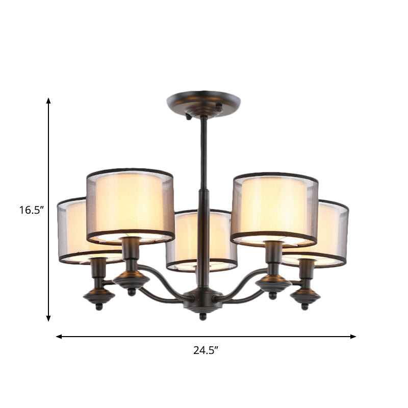 5/6 Bulbs Pendant Chandelier Traditional Double Drum Fabric Hanging Ceiling Light in Black for Bedroom