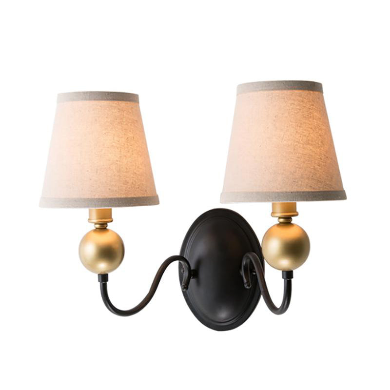 Tapered Fabric Wall Sconce Light Rural 1/2-Bulb Bedroom Wall Mount Lighting in White/Beige with Swooping Arm