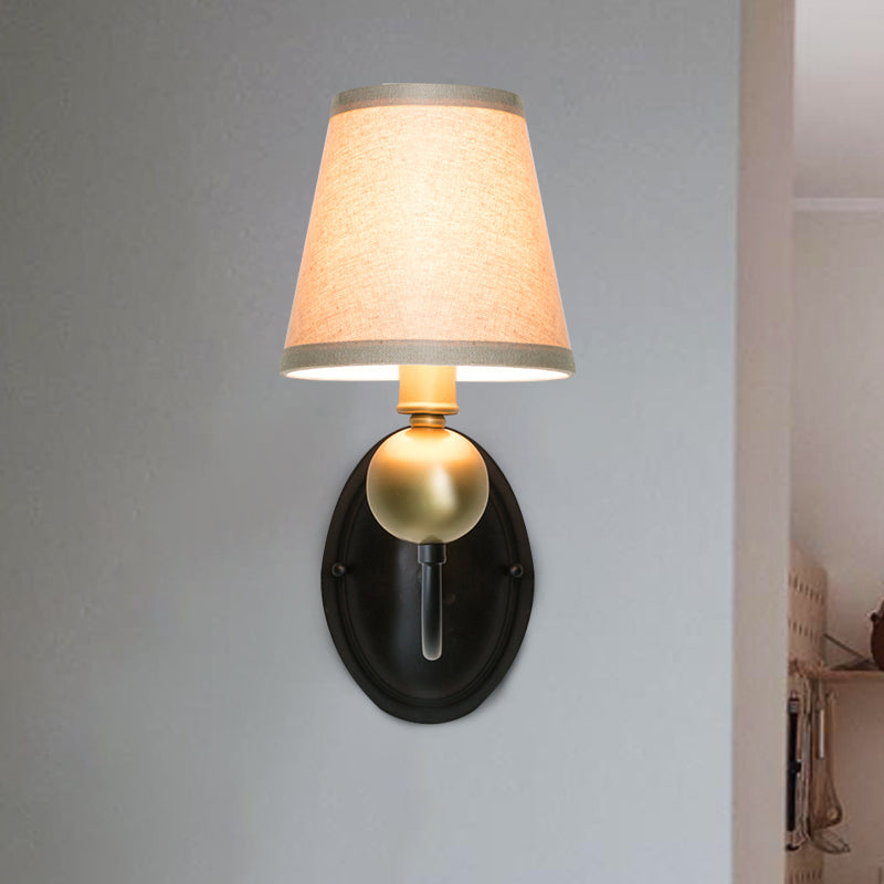 Tapered Fabric Wall Sconce Light Rural 1/2-Bulb Bedroom Wall Mount Lighting in White/Beige with Swooping Arm