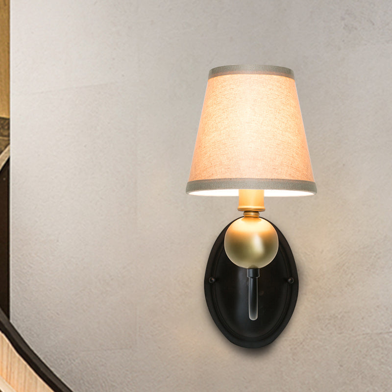 Tapered Fabric Wall Sconce Light Rural 1/2-Bulb Bedroom Wall Mount Lighting in White/Beige with Swooping Arm