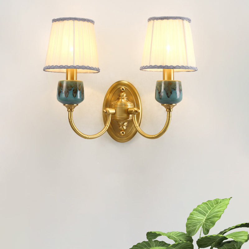 Brass 1/2-Light Wall Hanging Light Classic Metal Swooping Arm Wall Lamp with Cone Fabric Shade