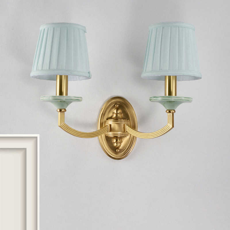 Rustic Pleated Drum Wall Mount Light Countryside 1/2-Head Living Room Sconce Lamp in Brass