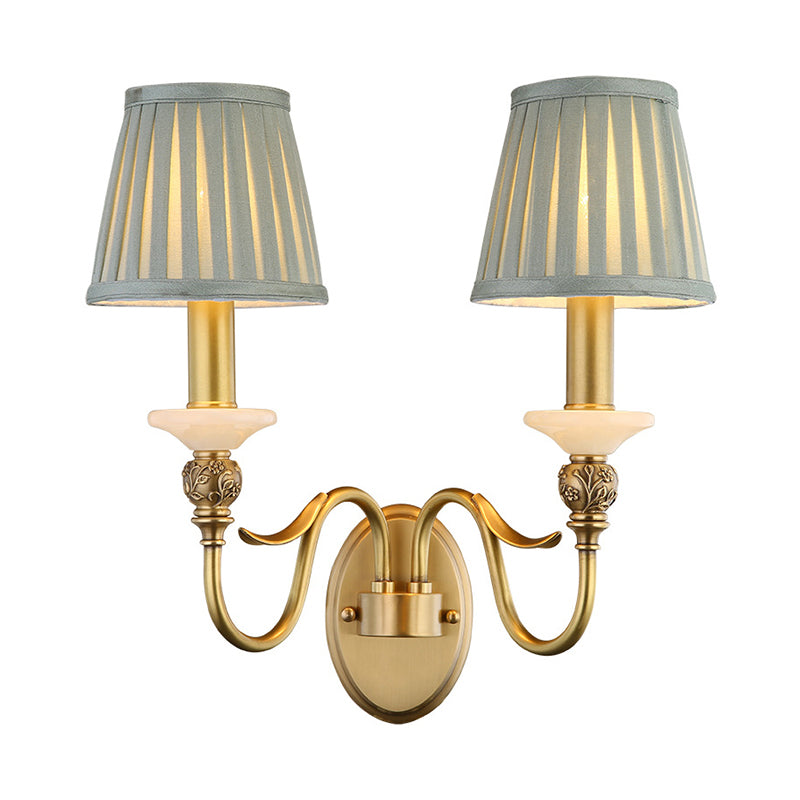 2 Heads Tapered Wall Lighting Ideas Retro Brass Finish Fabric Wall Light Sconce for Living Room