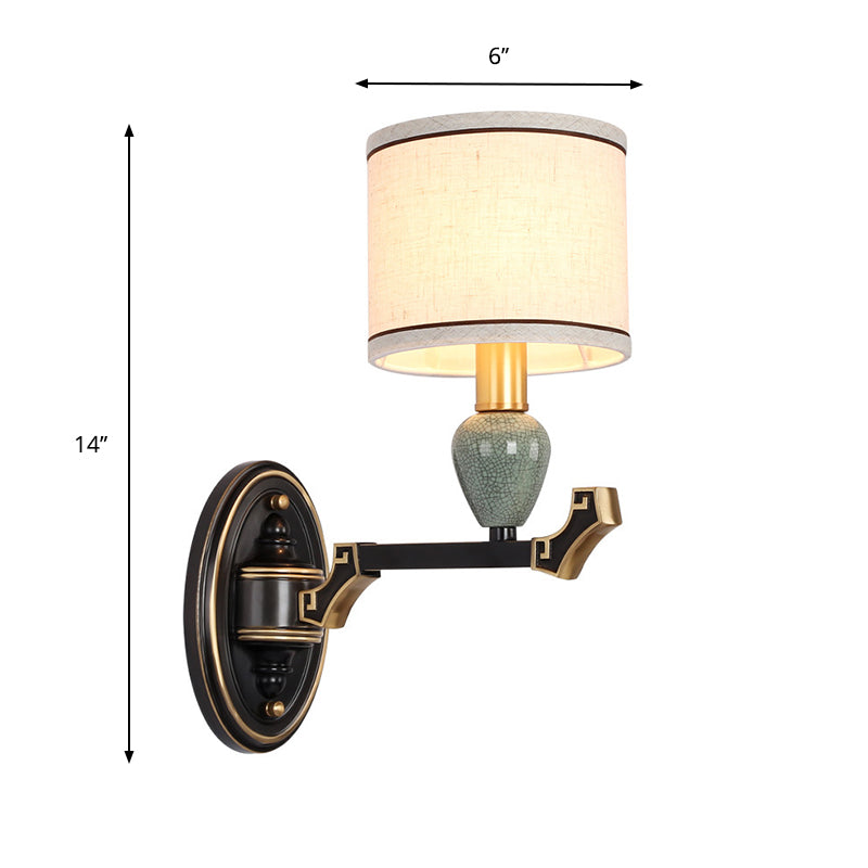 1/2-Bulb Wall Mounted Light Traditional Drum Fabric Wall Sconce Lighting in Black for Bedroom