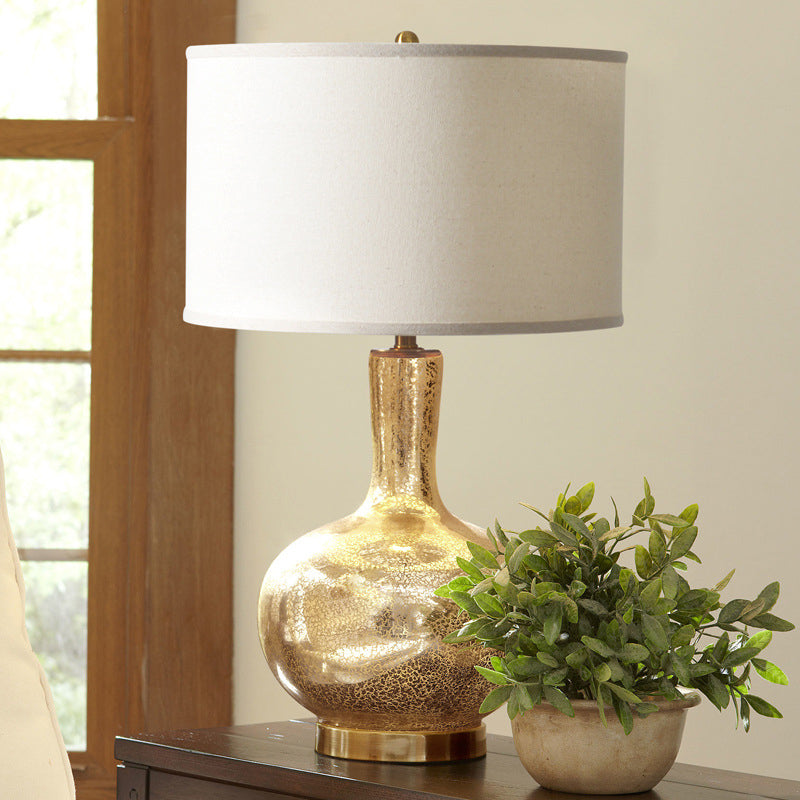 Vase Glashle Glass Night Light Country 1 dormitorio Night-Head Iluminación en oro con sombra de tela de cilindro