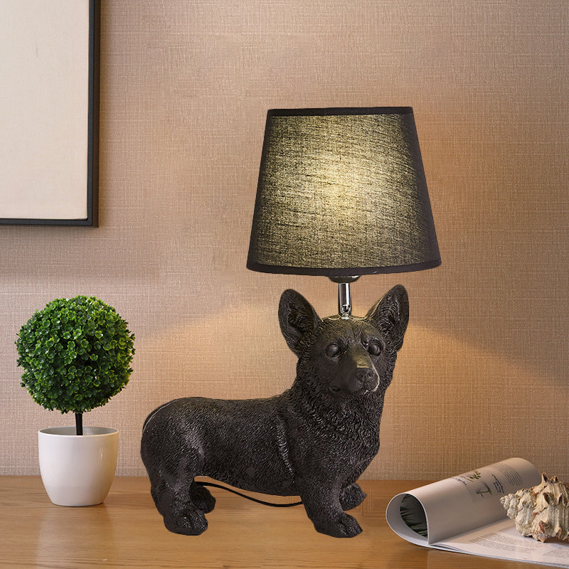 1 Bulb Fabric Night Table Light Traditional Black Drum Bedroom Nightstand Lamp with Resin Dog Base