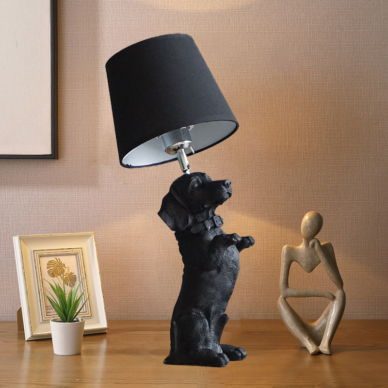 1 Bulb Fabric Night Table Light Traditional Black Drum Bedroom Nightstand Lamp with Resin Dog Base