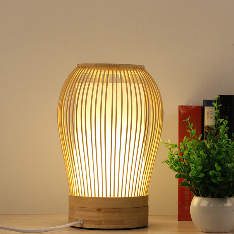 Japanse 1-lamps taakverlichting witte druppel kleine bureaulamp met bamboe kap voor nachtkastje