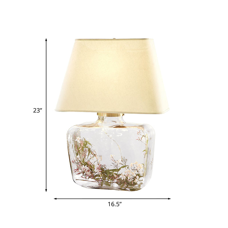 Lámpara de mesa de forma de frasco de estilo country 1 cabeza de vidrio transparente de vidrio con tono de tela blanca trapezoide