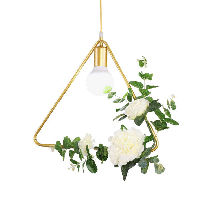 Iron Rectangle/Round Frame Suspension Pendant Warehouse 1 Head Living Room Hanging Ceiling Light in Gold with Artificial Bloom Deco