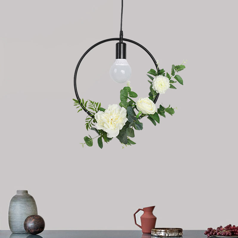 1 Bulb Artificial Flower Ceiling Pendant Loft Style Black Iron Down Lighting with Triangle/Round/Square Frame