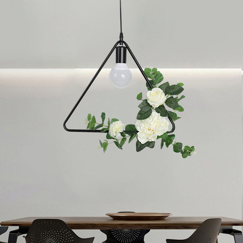 1 Glühbirne Künstliche Blumendecke Anhänger Haftstil Schwarzes Eisen -Down -Beleuchtung mit Dreieck/rund/quadratischem Rahmen