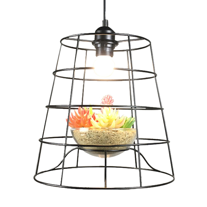 1 illuminazione a sospensione a sospensione Light Antiquad Cage Apmezione metallica in nero con vite/succulente artificiale