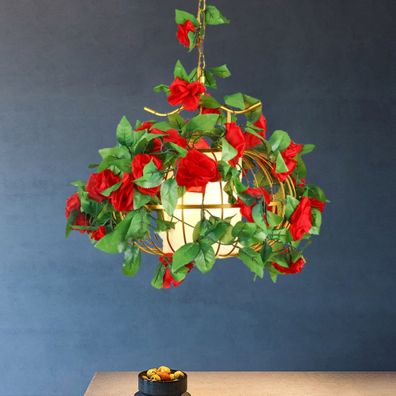 1 Light Metal Hanging Light Fixture Factory Red/Pink/Green Lantern Cage Down Lighting with Fabric Shade and Fake Plant/Flower