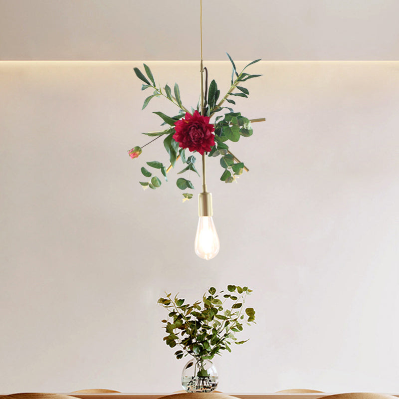 Gold 1 Bulb Drop Pendant Farm Iron Triangle/Square/Rectangle Frame Suspension Lighting with Fake Rose