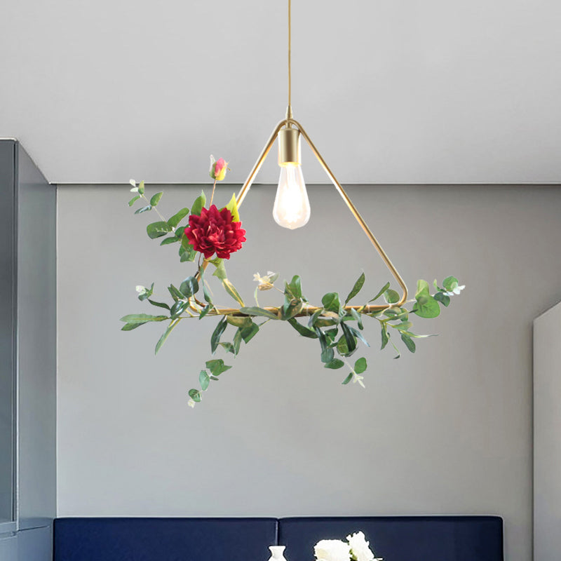 Gold 1 Bulb Drop Pendant Farm Iron Triangle/Square/Rectangle Frame Suspension Lighting with Fake Rose