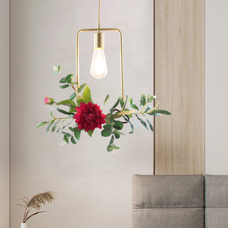 Gold 1 Bulb Drop Pendant Farm Iron Triangle/Square/Rectangle Frame Suspension Lighting with Fake Rose