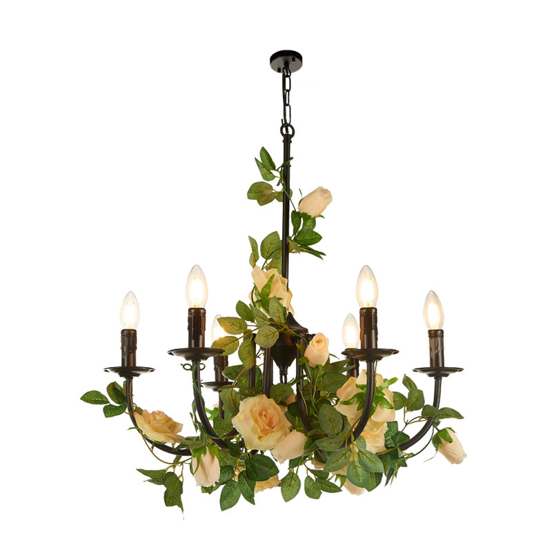 Farm Candelabra Pendant Chandelier 6 Lights Iron Ceiling Hang Fixture in Black with Artificial Rose Deco