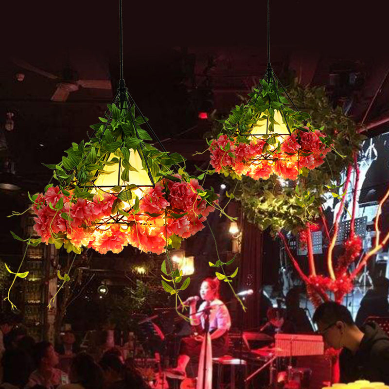 15"/18" W Green Diamond Cage Pendant Light Vintage Metal 1 Light Dining Room Fabric Ceiling Lamp with Artificial Art Plant
