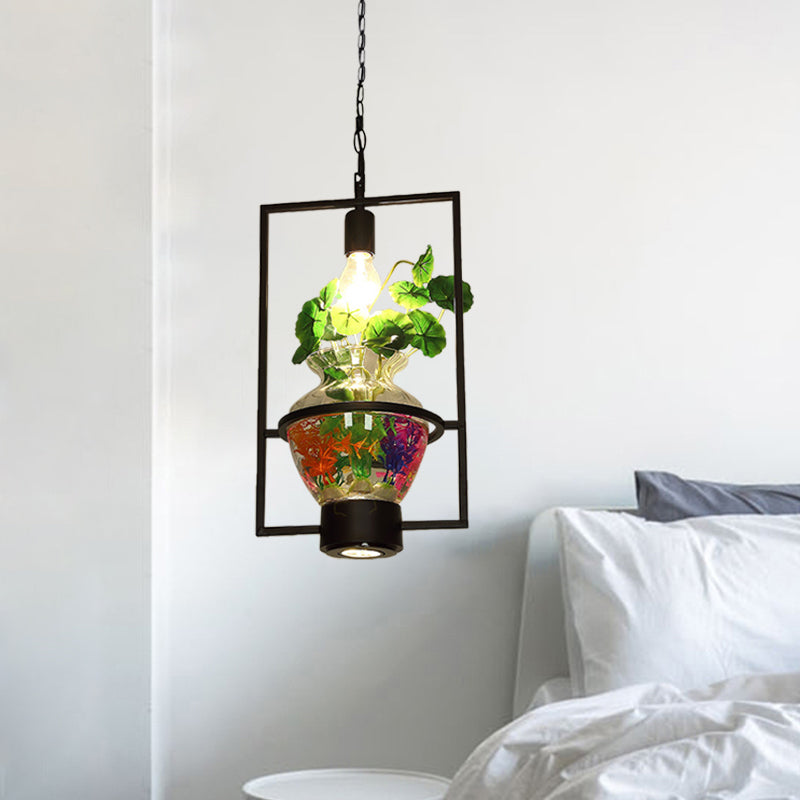 Black Round/Square Frame Hanging Lamp Factory Metallic 1 Head Dining Room Pendant Lighting Fixture with Urn Plant Pot