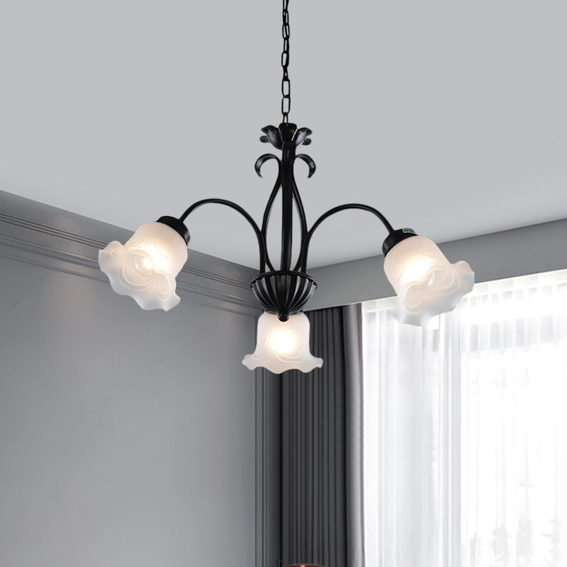 Country Floral Chandelier Lamp 5/6/8 Heads Frosted Glass Pendant Light Fixture in Black with Twisted Arm