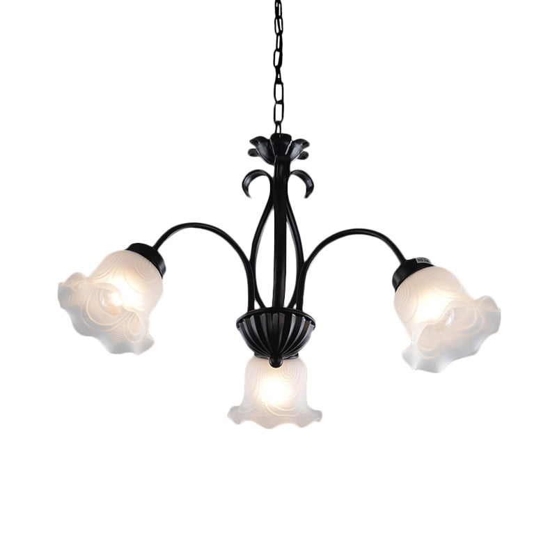 Country Floral Chandelier Lamp 5/6/8 Heads Frosted Glass Pendant Light Fixture in Black with Twisted Arm