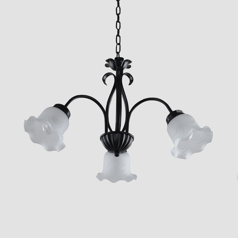 Country Floral Chandelier Lamp 5/6/8 Heads Frosted Glass Pendant Light Fixture in Black with Twisted Arm