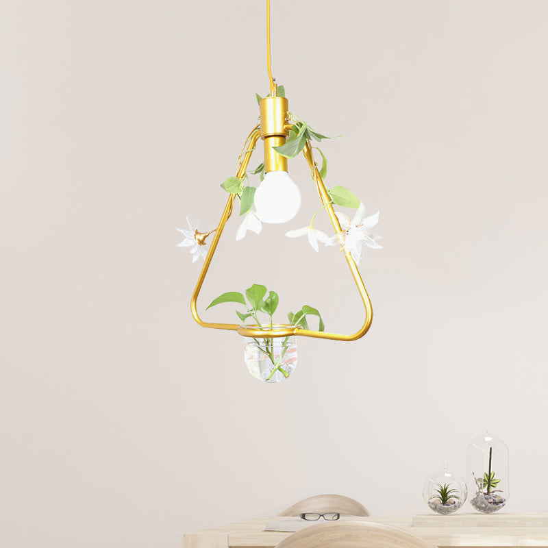 1 leichte Anhängerlampe Bauernhausdreieck/runde/quadratische Rahmen Metall Hanging Deckenlicht in Schwarz/Gold mit Pflanzentopf und falsche Blumenrebe