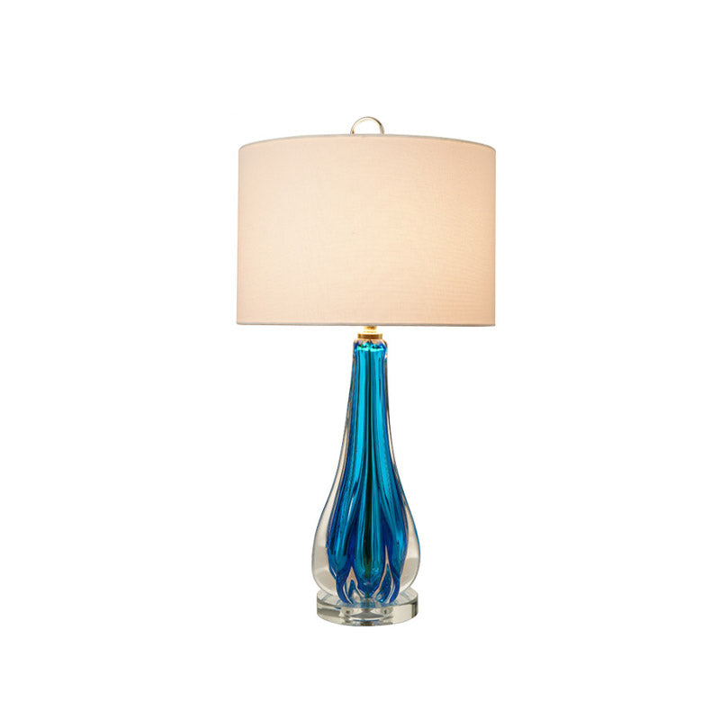 Lampe de table en tissu blanc, cylindre, veilleuse traditionnelle à 1 lumière avec base de vase bleu/or