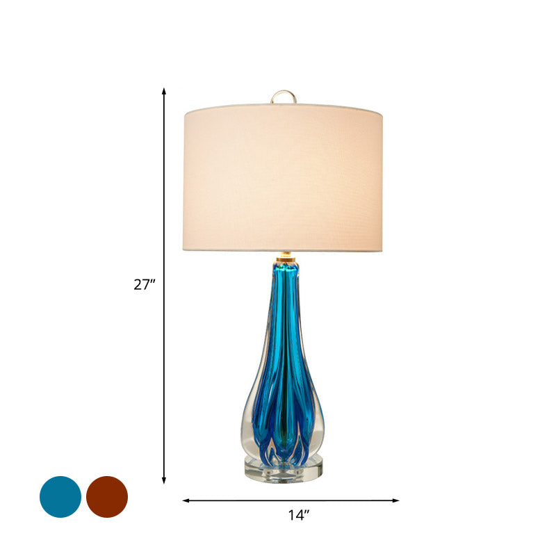 Lampe de table en tissu blanc, cylindre, veilleuse traditionnelle à 1 lumière avec base de vase bleu/or