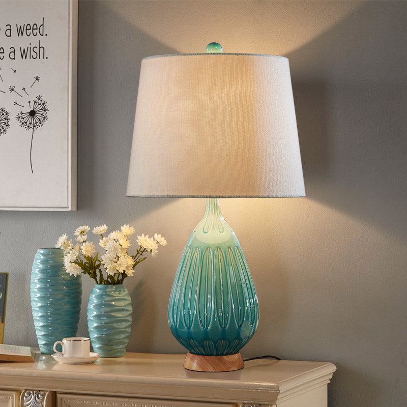 Green 1 Light Table Lamp Countryside Ceramic Teardrop Night Light with Drum Fabric Shade