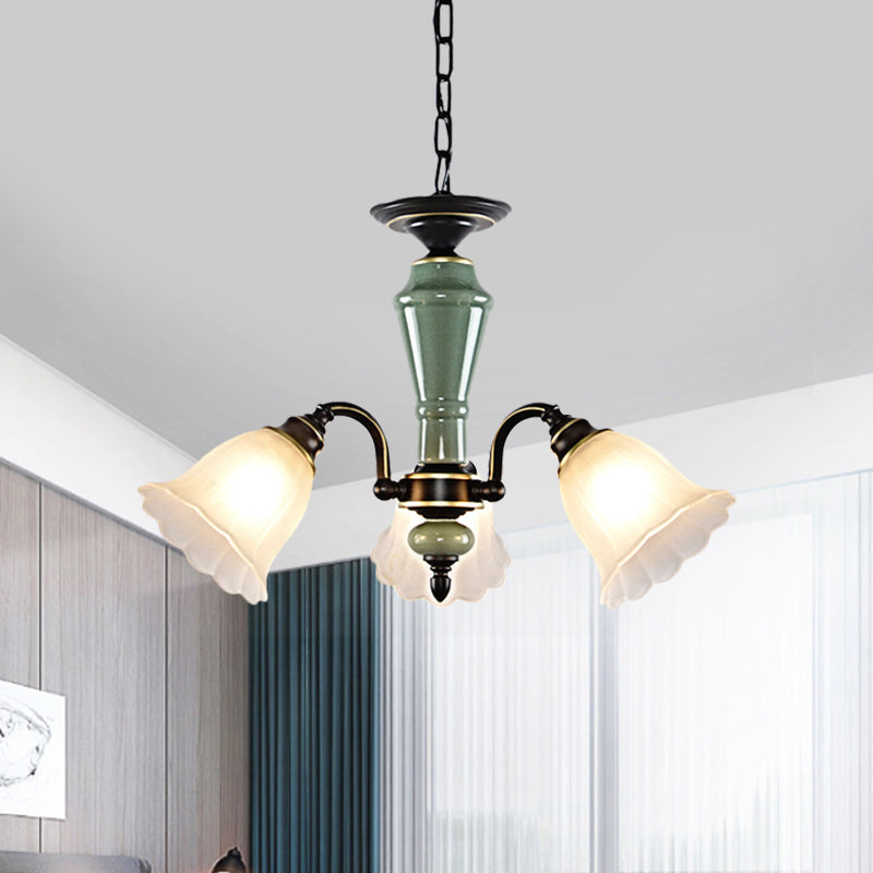Black Flower Ceiling Chandelier Rural Style Frosted Glass 3/6/8 Heads Hanging Light Kit with Swooping Arm