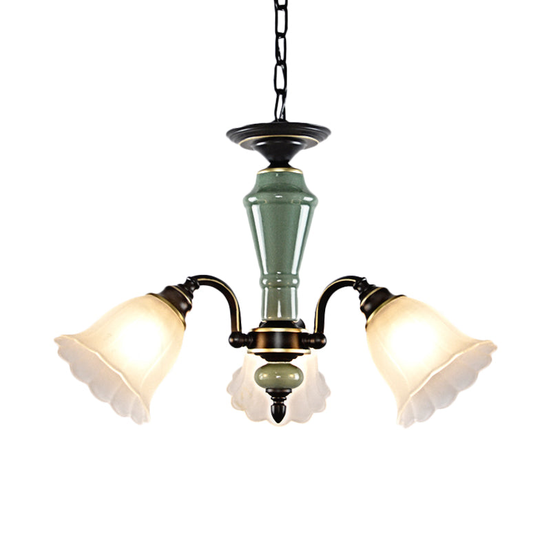 Black Flower Ceiling Chandelier Rural Style Frosted Glass 3/6/8 Heads Hanging Light Kit with Swooping Arm