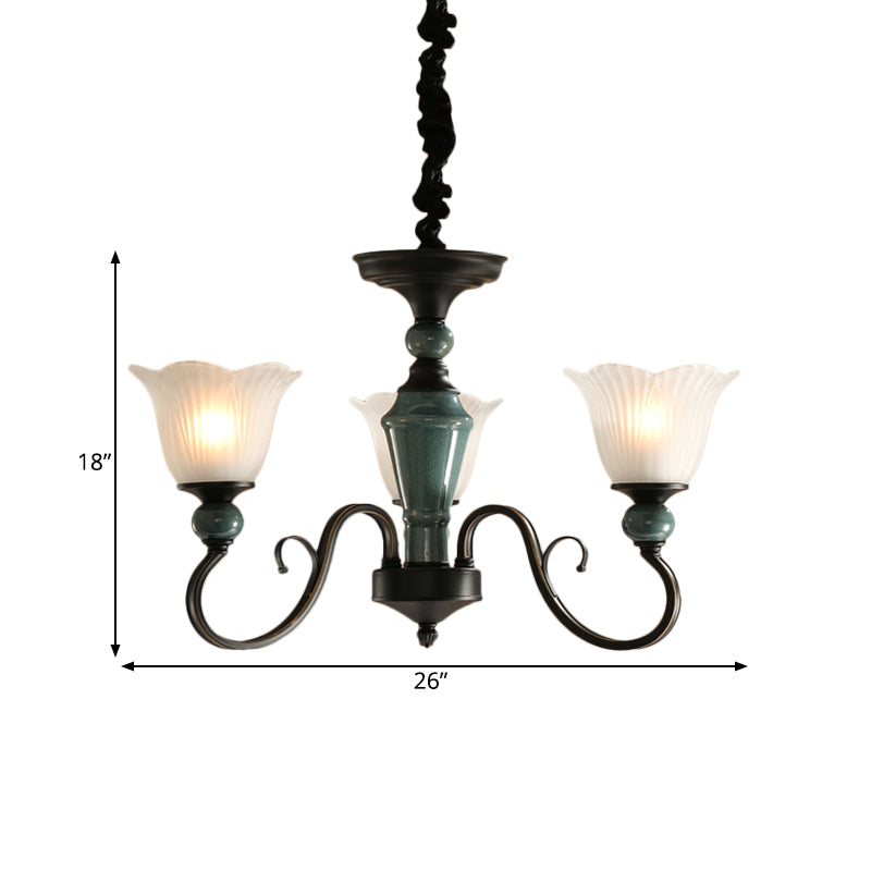 3/6-Light Pendant Light Rural Style Frosted Ribbed Glass Chandelier Lighting Fixture in Black with Swirl Arm