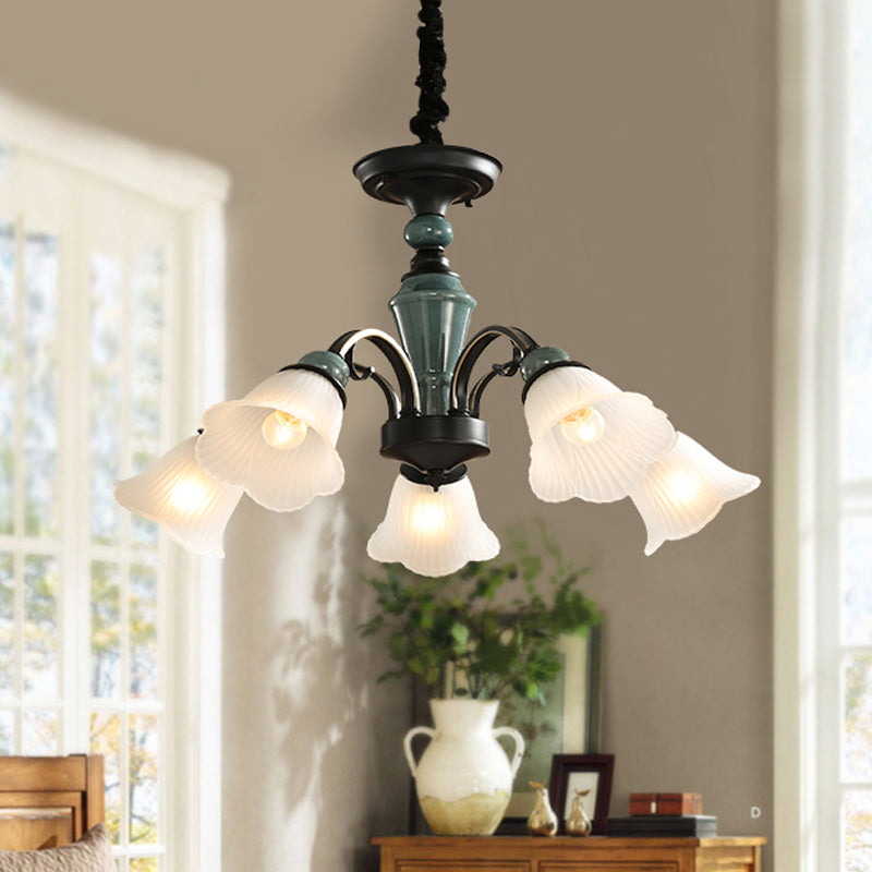 Curved Arm Living Room Pendant Lamp Country Metallic 5/6-Bulb Black Finish Chandelier Light with Flower Frosted Glass Shade