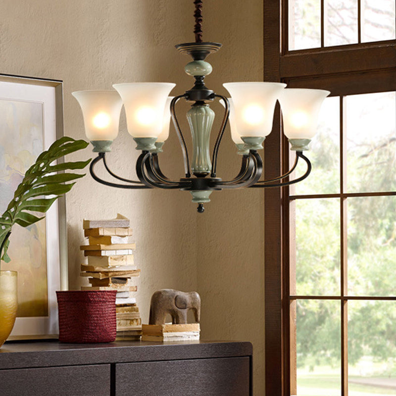 6/8 Heads Frosted Glass Chandelier Traditional Black Finish Bell Living Room Pendant Light Kit with Swirl Arm
