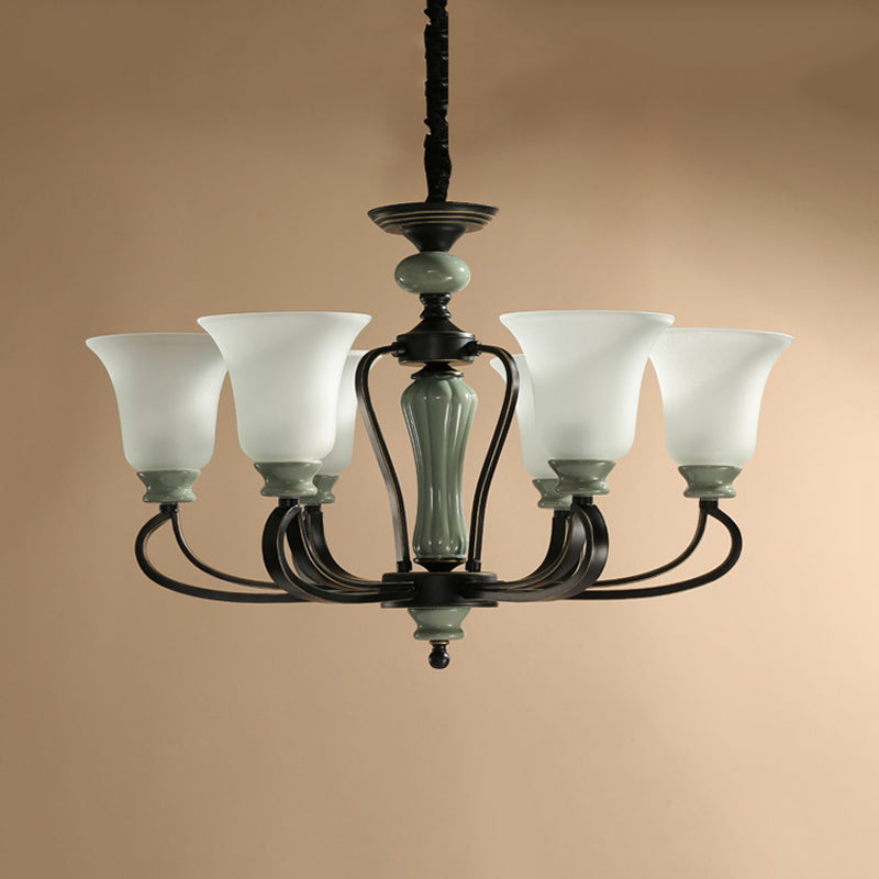 6/8 Heads Frosted Glass Chandelier Traditional Black Finish Bell Living Room Pendant Light Kit with Swirl Arm