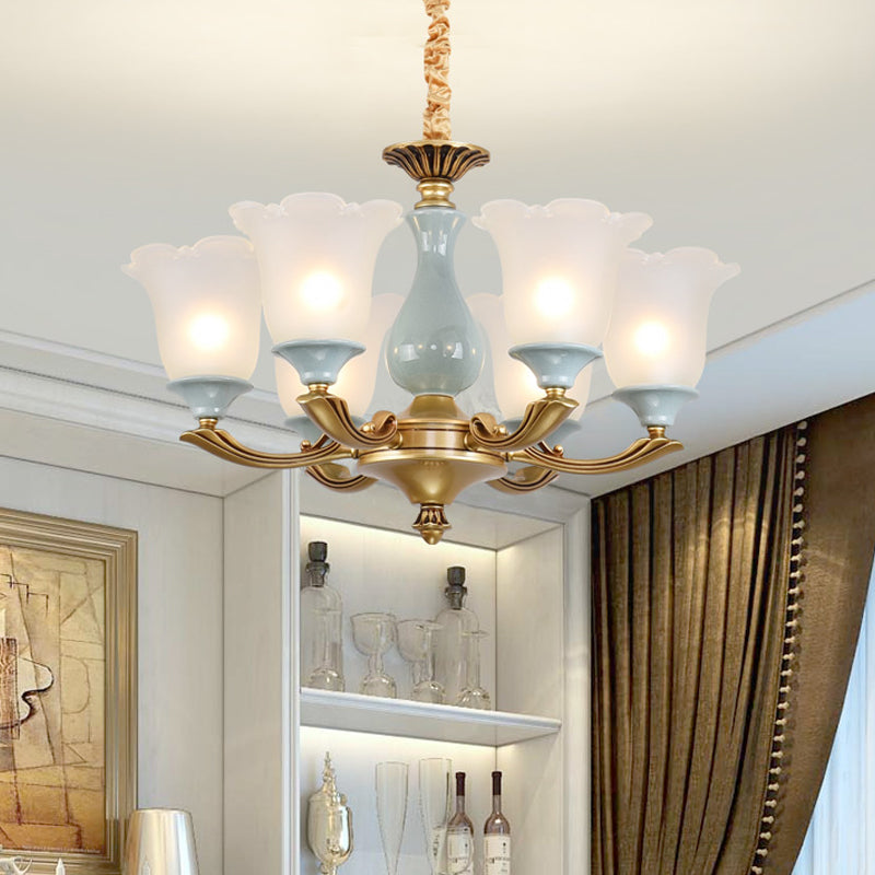 Gold 6 Bulbs Pendant Lighting Rural Style Frosted Glass Flower Ceiling Chandelier for Dining Room