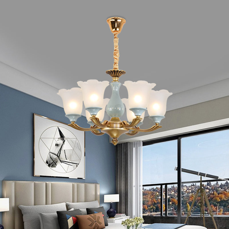 Goud 6 lampen hanglamp verlichting landelijke stijl matglas bloem plafond kroonluchter voor eetkamer