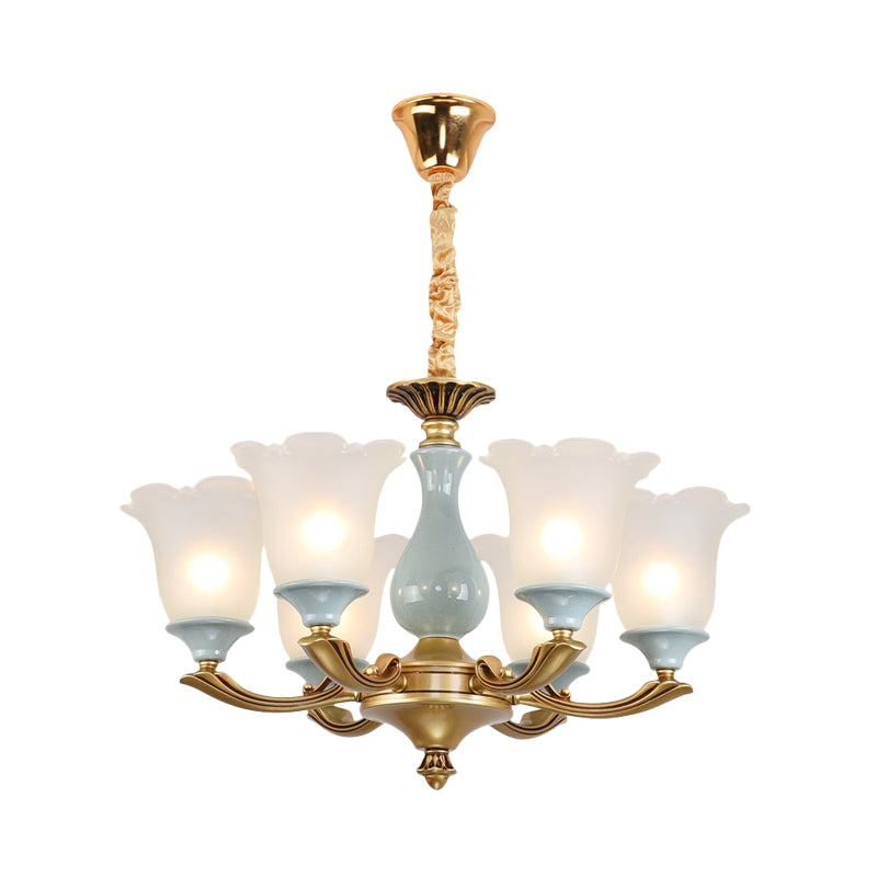 Gold 6 Bulbs Pendant Lighting Rural Style Frosted Glass Flower Ceiling Chandelier for Dining Room